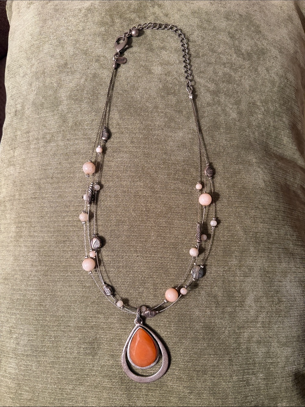 Multi-Strand Silver Necklace with Orange Teardrop Pendant